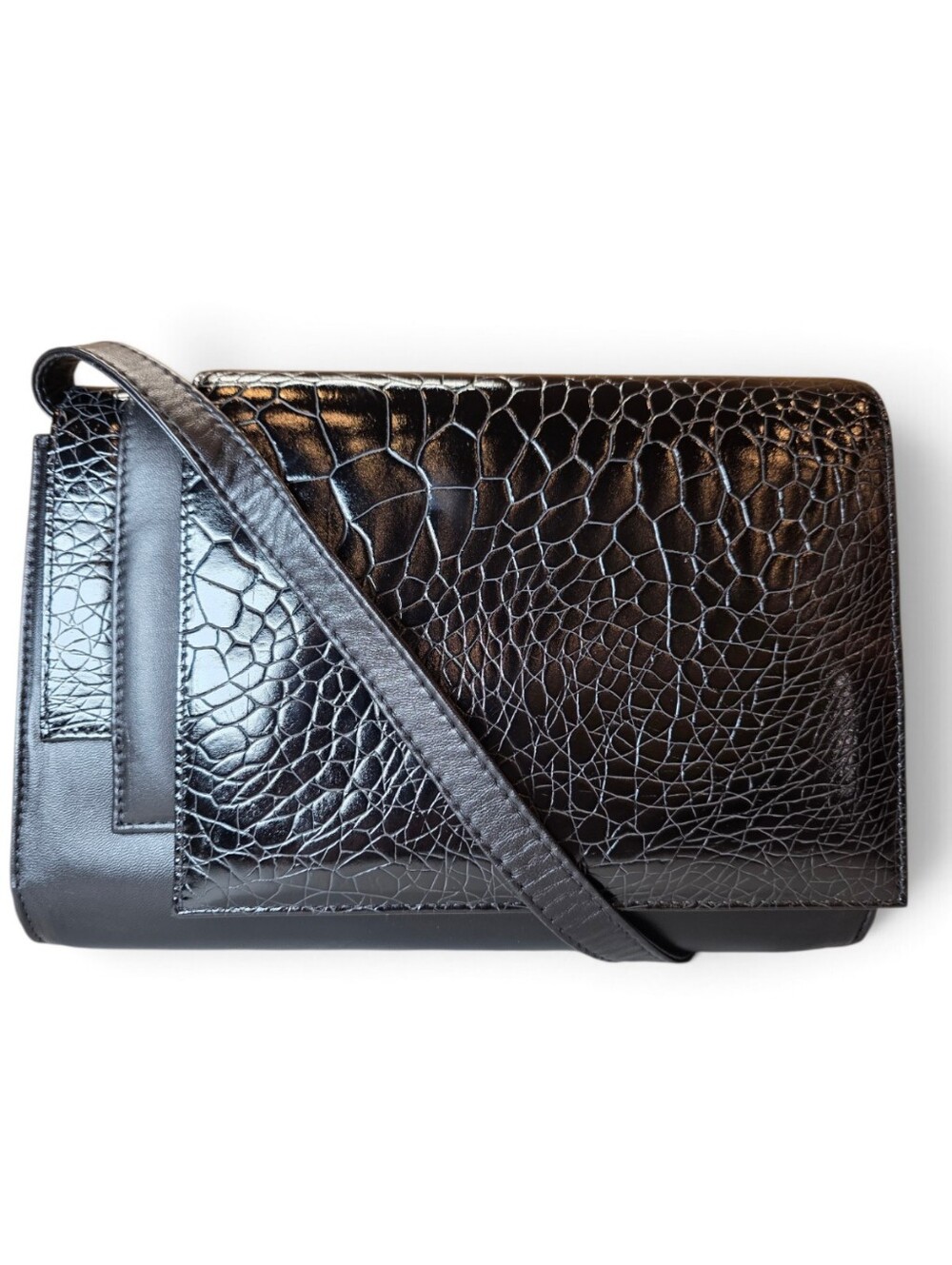 Gianni Versace Black Croc-Embossed Leather Crossbody Bag Clutch